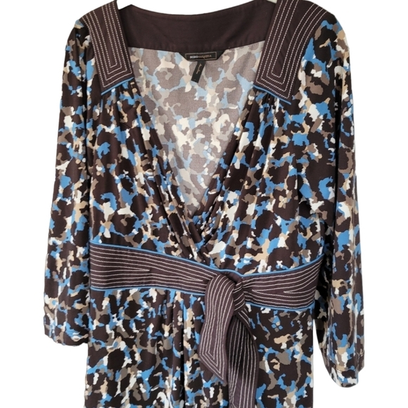 BCBG MaxAzria Sz L Faux Wrap 3/4 Sleeve Dress Blue Brown Pattern - Picture 4 of 12